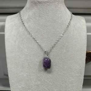 Amethyst Necklace Natural Gemstone Crystal Pendant Stainless-Steel Chain Purple